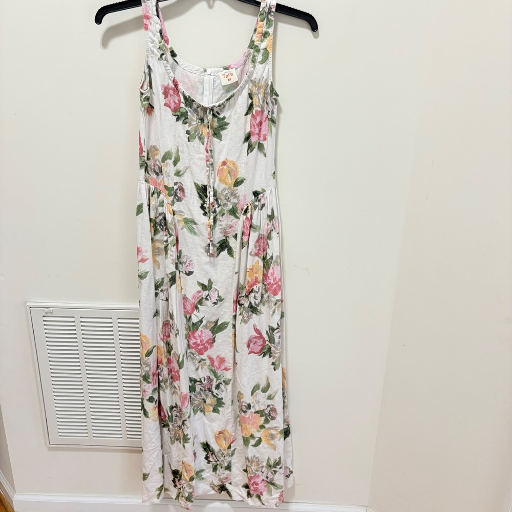 Tach Clothing Floral Linen Blend Midi Dress White Pink Green Size Medium